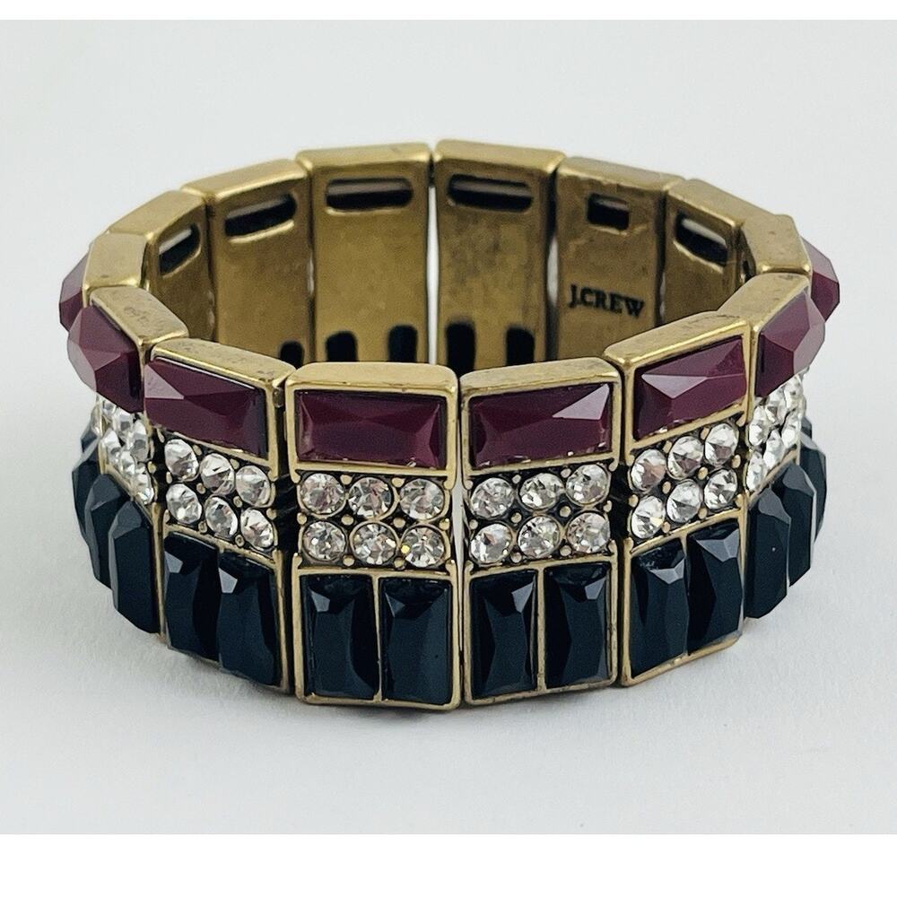 J CREW Red Black Rhinestone Stretch Bracelet Gold Tone Chunky Band Maroon Party
